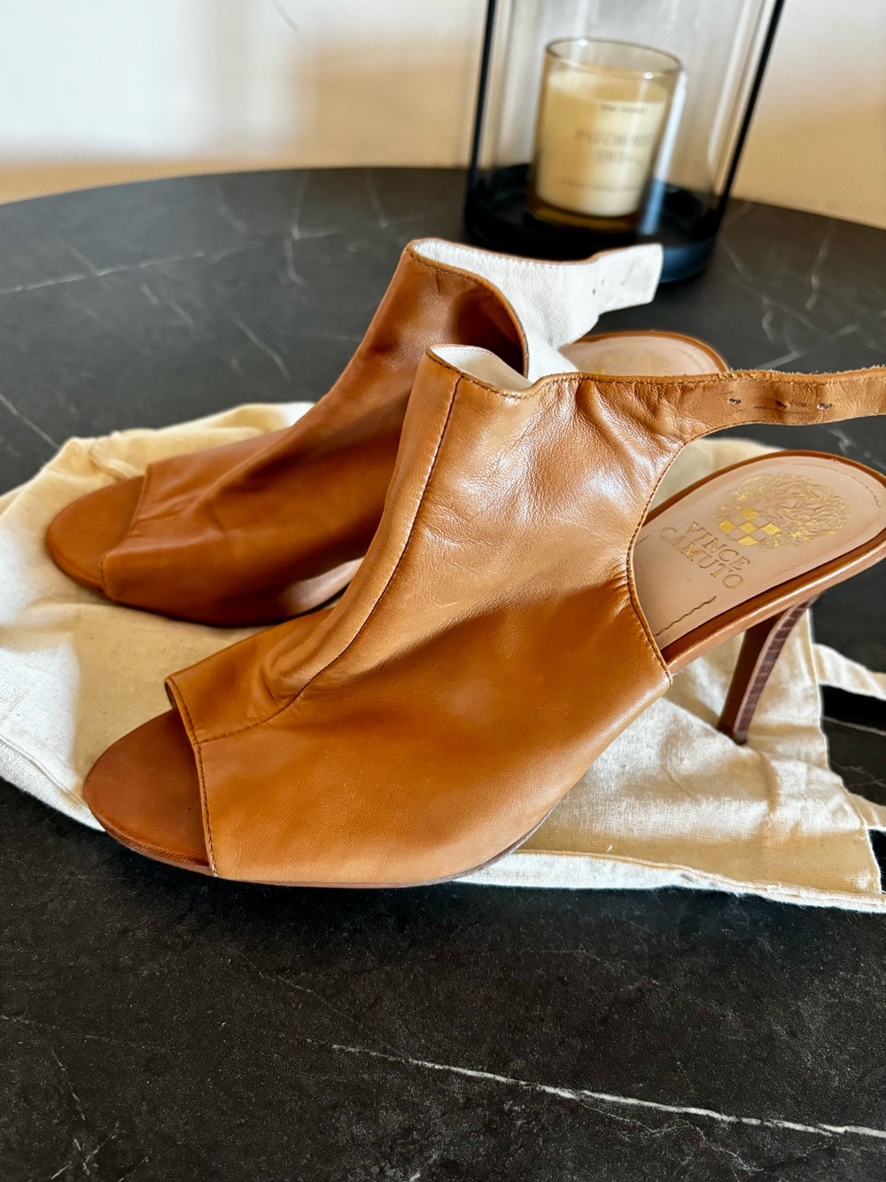 Vince Camuto Cognac Open-Toe Slingback Heels